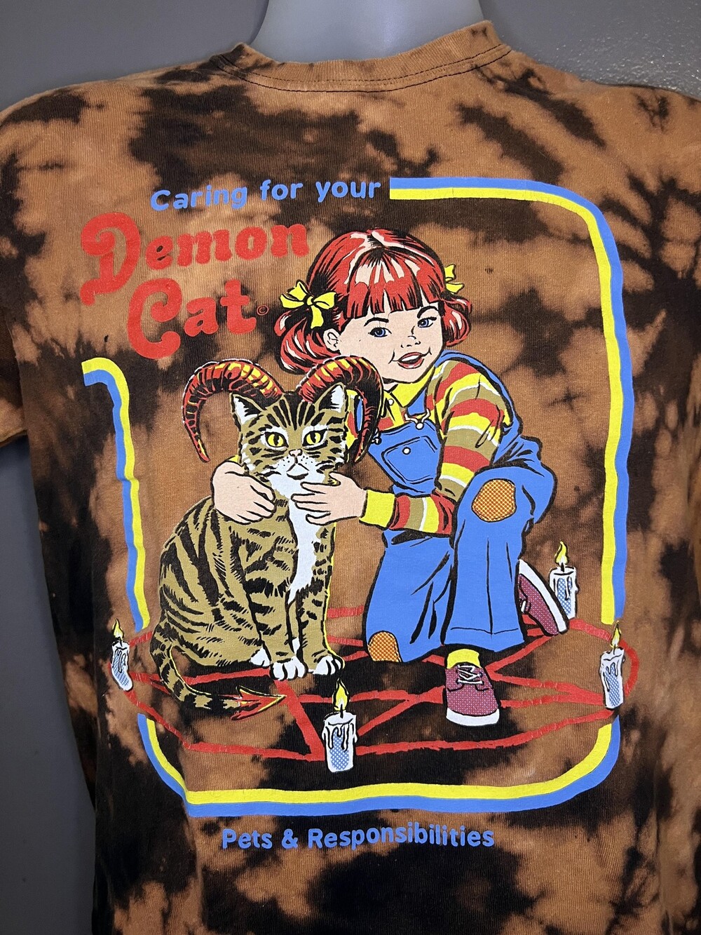 Steven Rhodes Shirt Mens Small Brown Bleach Tie Dye Demon Cat Graphic Tee Horror